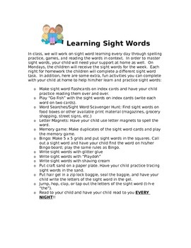 Preview of Sight Word Letter to Parents