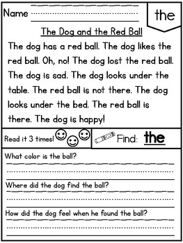 Sight Word List 1 Reading Comprehension Passages and Sentence Work