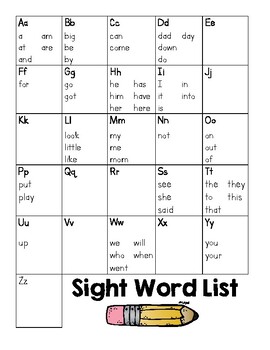 Preview of Sight Word List for Writing Folder