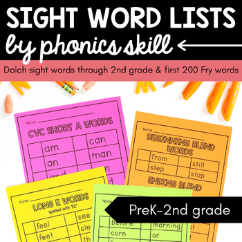 Preview of Sight Word Lists by Phonics Skill
