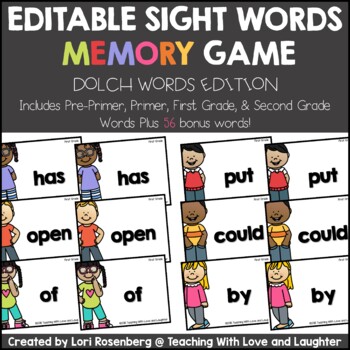 Preview of Editable Sight Words Memory Game Dolch Words Edition