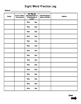 Preview of Sight Word Practice Log