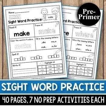 Preview of Pre Primer Sight Word Practice Worksheets Heart Word List Search Tracing See