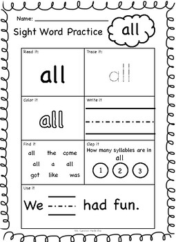 Preview of Sight Word Practice TCRWP list B