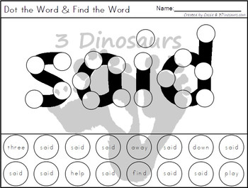 Sight Word Preprimer Dot the Word & Find the Word by 3 Dinosaurs