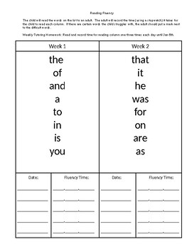 Preview of Sight Word Reading Fluency Log