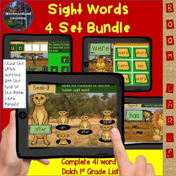 Preview of Sight Word Safari Dolch First 1st Grade Boom Card 4 Deck Set Distance Learning