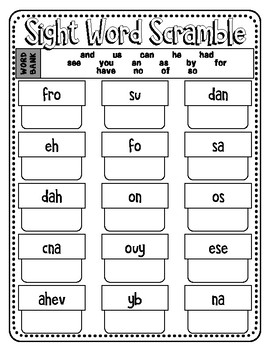 sight word scramble k 1 free 210 high frequency words by