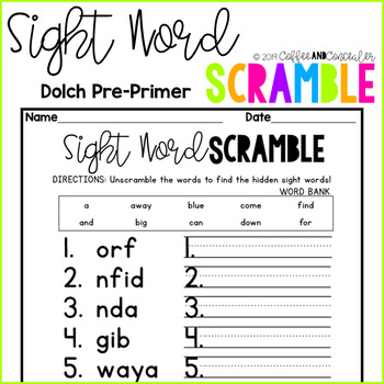 sight word scramble pack dolch pre primer by coffee and concealer