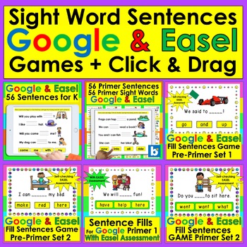 Preview of Sight Word Sentences Fill in the Blank BUNDLE Google Slides & Easel Dolch 1-92