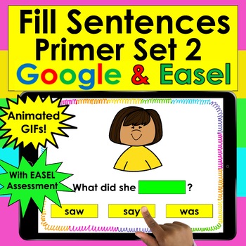 Preview of Sight Word Sentences Google Slides & Easel Primer Words Set 2 With GIFs