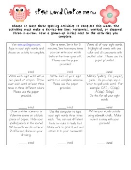 Preview of Sight Word Spelling Practice Homework Menu - February