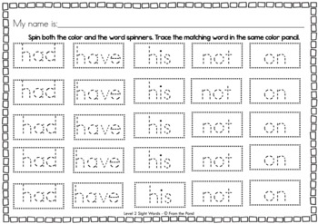 sight word spin and trace worksheet activities by from the pond tpt