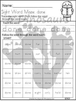 Sight Word Third Grade Maze with Tracing by 3 Dinosaurs | TpT