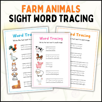 Preview of Sight Word Tracing Farm Animals: word tracing activity book for kids ages 3-8