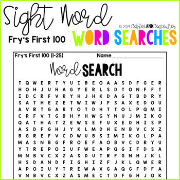 sight word word search pack first 100 fry words by coffee and concealer