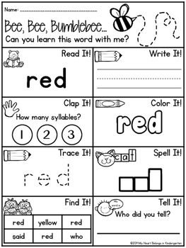 sight word worksheets color words by my heart belongs in kindergarten