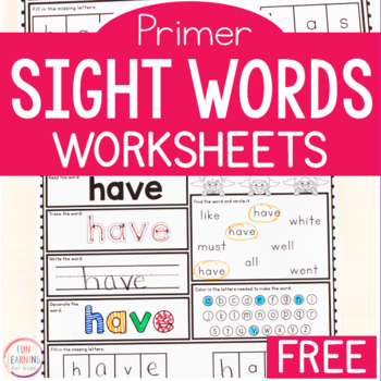 Sight Word Worksheets - Kindergarten & Primer by Fun Learning for Kids