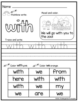 Sight Word Worksheets {what, from, me, she, with} by Kindergarten ...