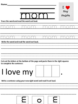 Sight Word "mom" Worksheet by Mrs Kaufmans Teaching Delights | TpT