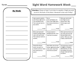 weekly sight word homework