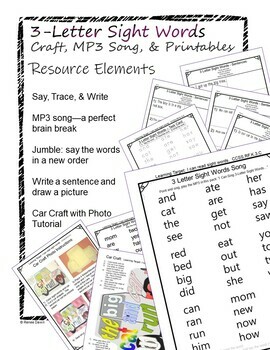 sight words craft song printables for 3 letter sight words by renee dawn