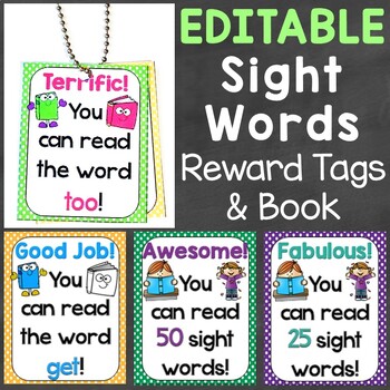 Preview of Sight Words Reward Tags EDITABLE (High Frequency Words Reward Tags & Book)