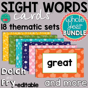Preview of Fry Sight Words Flash Cards and Dolche  All Year Themes + EDITABLE