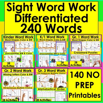 Sight Words BUNDLE 140 Activities-240 Dolch Sight Words NO PREP Color & BW
