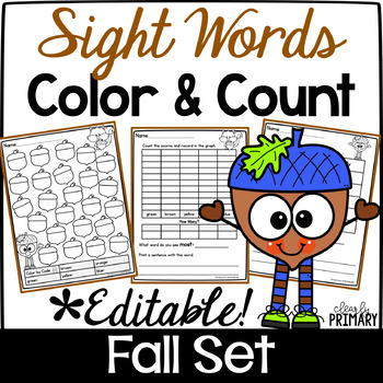 Preview of Fall Color by Sight Word Editable w/ Thanksgiving Kindergarten & First Grade