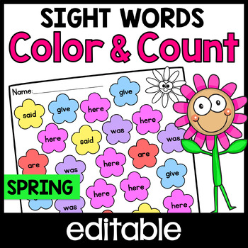 Preview of Spring Color by Code Sight Word, Editable Worksheets with Counting & Graphing