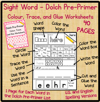 Preview of Sight Words - Dolch Pre-Primer Colour and Trace Practice Worksheets/Workbook