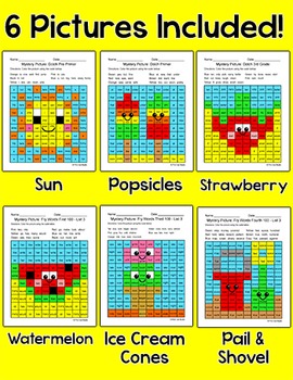 Sight Words Summer Mystery Pictures - popsicles, strawberry, watermelon