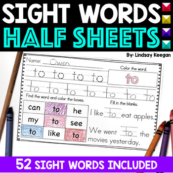 Preview of Sight Word Practice Half Sheet Reading Worksheets