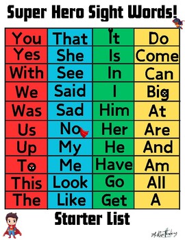 Preview of Sight Words Starter List (Tricky Word) - Super Hero Themed!
