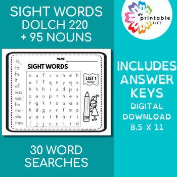 Preview of Sight Words Word Searches | Complete Dolch 220 Plus 95 Nouns | No Prep