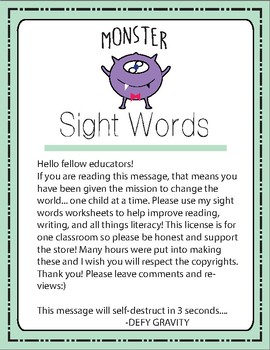 Sight Words Worksheet 2nd grade - Set 1 - Fry's 200 (Monster) | TpT