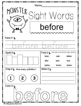 sight words worksheet 2nd grade set 1 frys 200 monster tpt