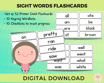 Preview of Sight Words for Kindergarten, Flashcards for Kids, Checklists and Wordlists for