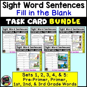 Preview of Sight Words in Sentences Printable Task Card BUNDLE | Pre Primer | Primer etc