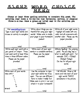 Preview of Sight word Spelling Practice Homework Menu -  November