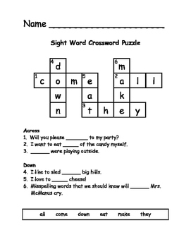 free printable sight word crossword 1st grade