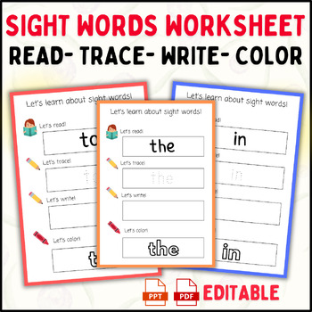Preview of Sight words Worksheets: Read, Trace, Write, and coloring pages (Editable)