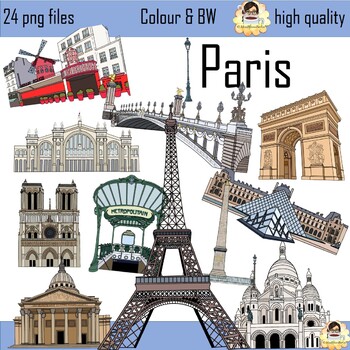 Preview of Sights and Landmarks of Paris Clip Art including BW Line Art for Commercial Use