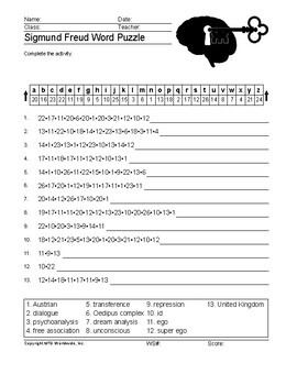 Sigmund Freud Word Scramble Worksheet and Vocabulary Puzzle Activities