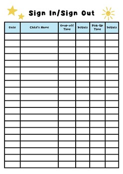 Preview of Sign In/Out Sheet - Home Daycare, Childcare Center, School PDF