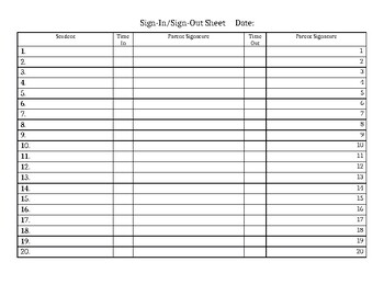Preview of Sign In/Sign Out Sheet, Field trip sign out form