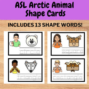 Preview of Sign Language (ASL) Arctic Animal Shape Vocab Cards - winter prek shape practice