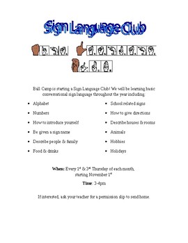 Sign Language Club Flyer by Ms Meghan's Special Minds and Hands | TpT