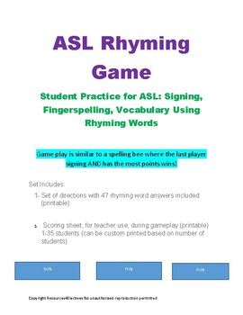 Preview of Sign Language Lesson Plans Printable Activity Rhyme It, Sign It Game (Sub)
